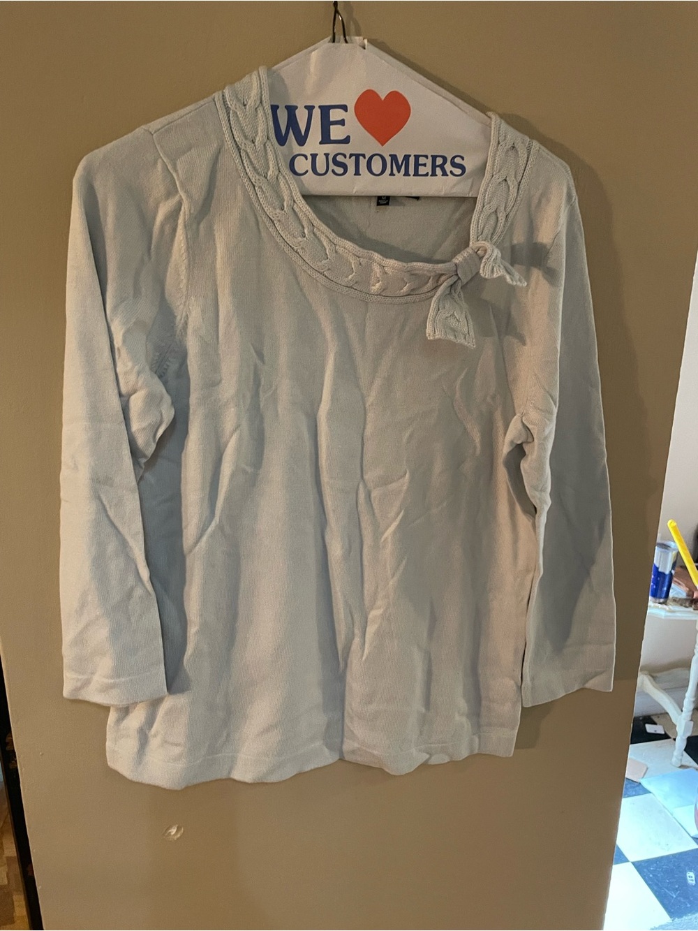 Vintage 90s Jones New York Light Blue Long-Sleeve Knit Top with bow